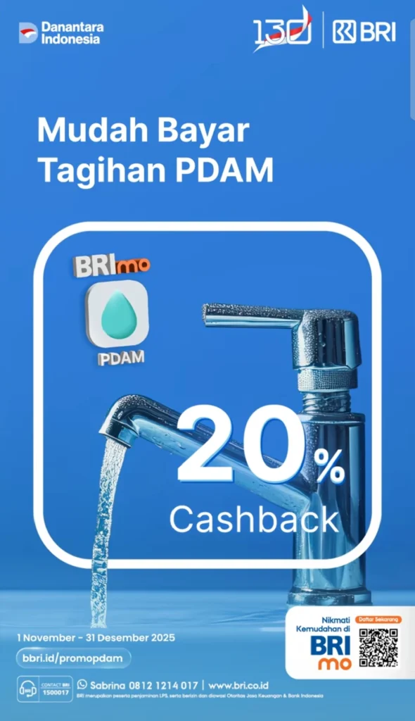 Promo Spesial! BRI Hadirkan Cashback 20% untuk Pembayaran Tagihan PDAM via BRImo